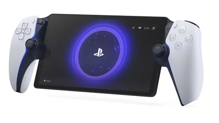 Przenośna konsola do gier z ekranem i dwoma białymi kontrolerami po bokach. Na ekranie widoczne logo PlayStation.