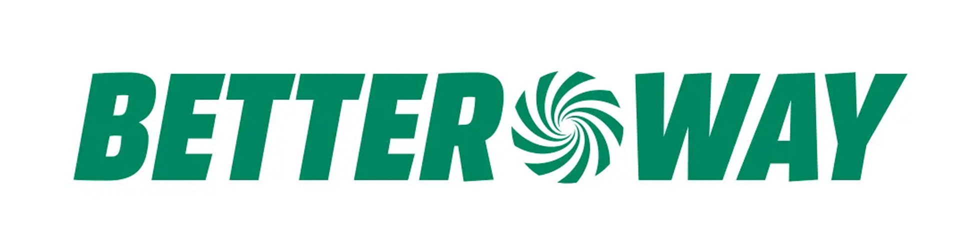 Zielony napis "BETTER WAY" na białym tle, z spiralnym symbolem między słowami.