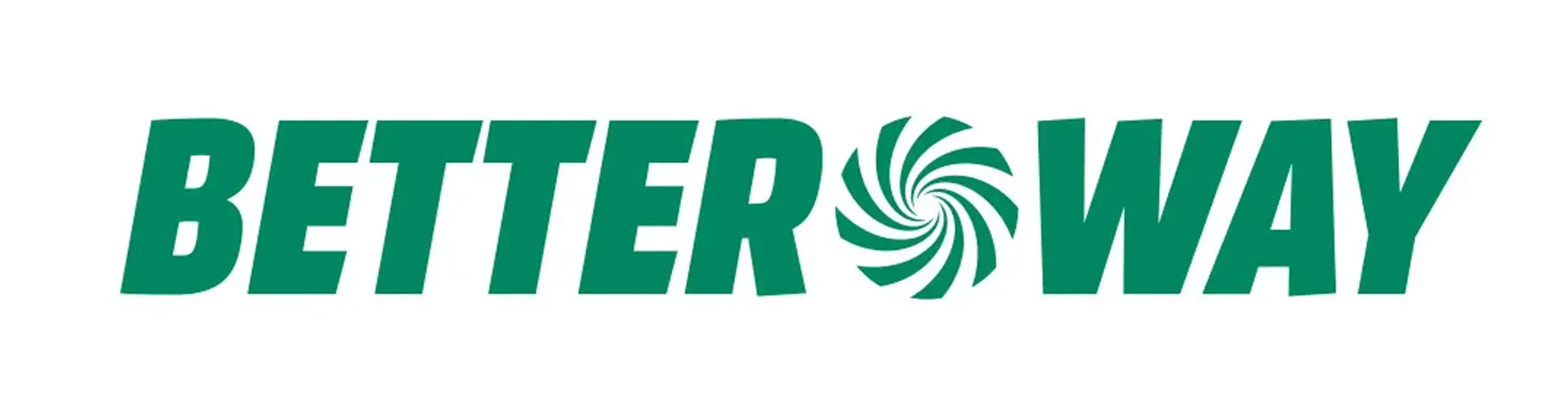 Zielony napis "BETTER WAY" na białym tle, z spiralnym symbolem między słowami.