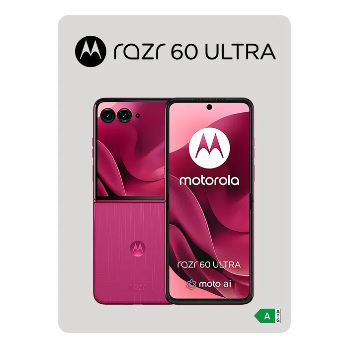 Na obrazie widoczne dwa fioletowe telefony Motorola Razr 60 Ultra na szarym tle z logo i napisem.