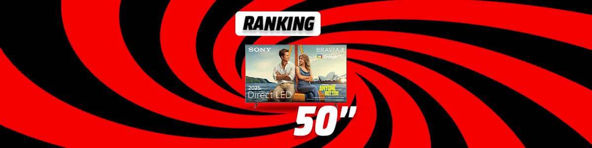 Grafika rankingu TV 50 cali - zwycięski telewizor na tle wizualizacji czerwono-czarnego wiru.