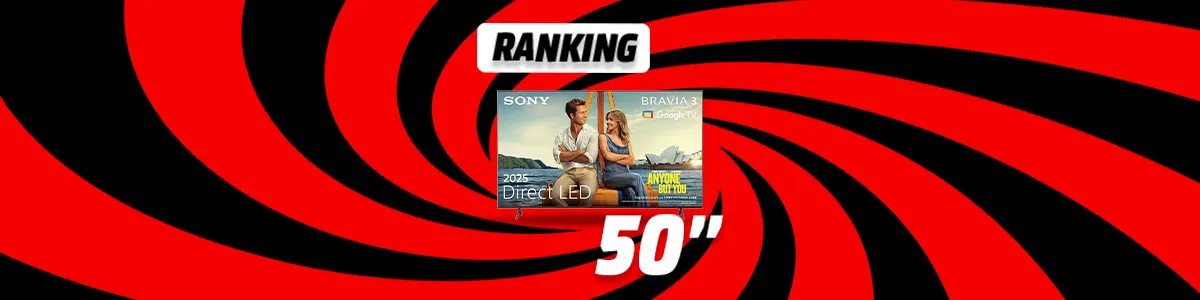 Grafika rankingu TV 50 cali - zwycięski telewizor na tle wizualizacji czerwono-czarnego wiru.