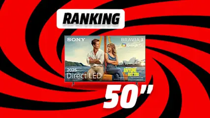 Grafika rankingu TV 50 cali - zwycięski telewizor na tle wizualizacji czerwono-czarnego wiru.