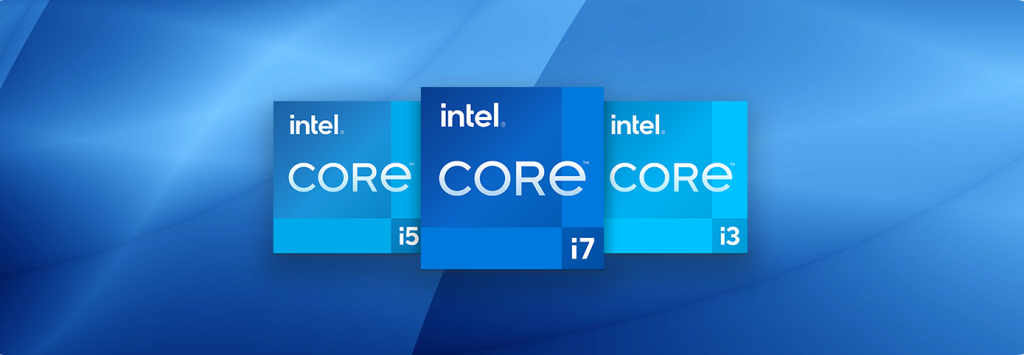 Na tle niebieskiego gradientu widoczne są logotypy procesorów Intel Core i3, i5 oraz i7 w formie kwadratów.