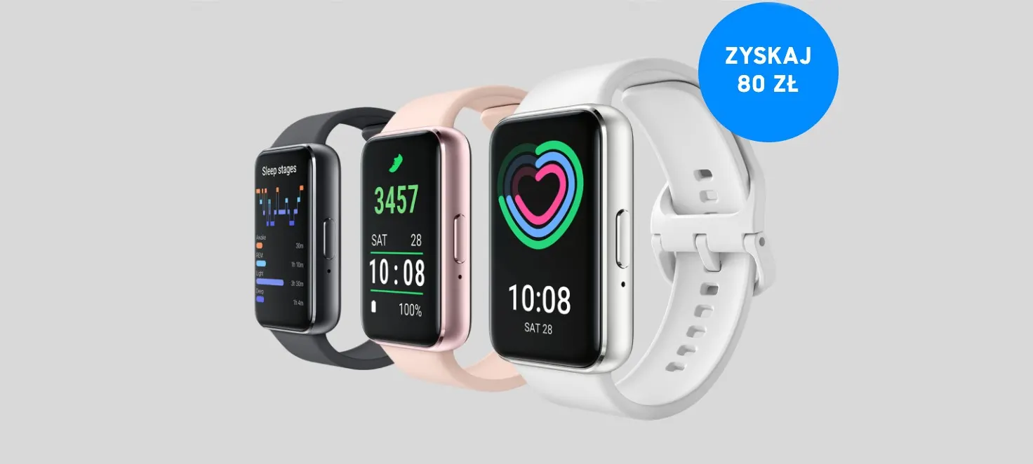 Trzy smartwatche z różnymi paskami(czarny, różowy, biały) i ekranami, na których widać dane i grafikę. Niebieski okrąg z napisem "Zyskaj 80 zł".