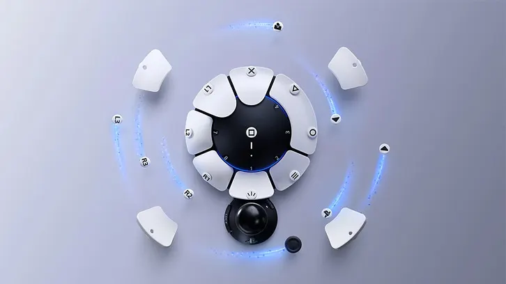 Czarno-biały okrągły kontroler z przyciskami, otoczony przez cztery białe panele i niebieskie efekty wizualne.