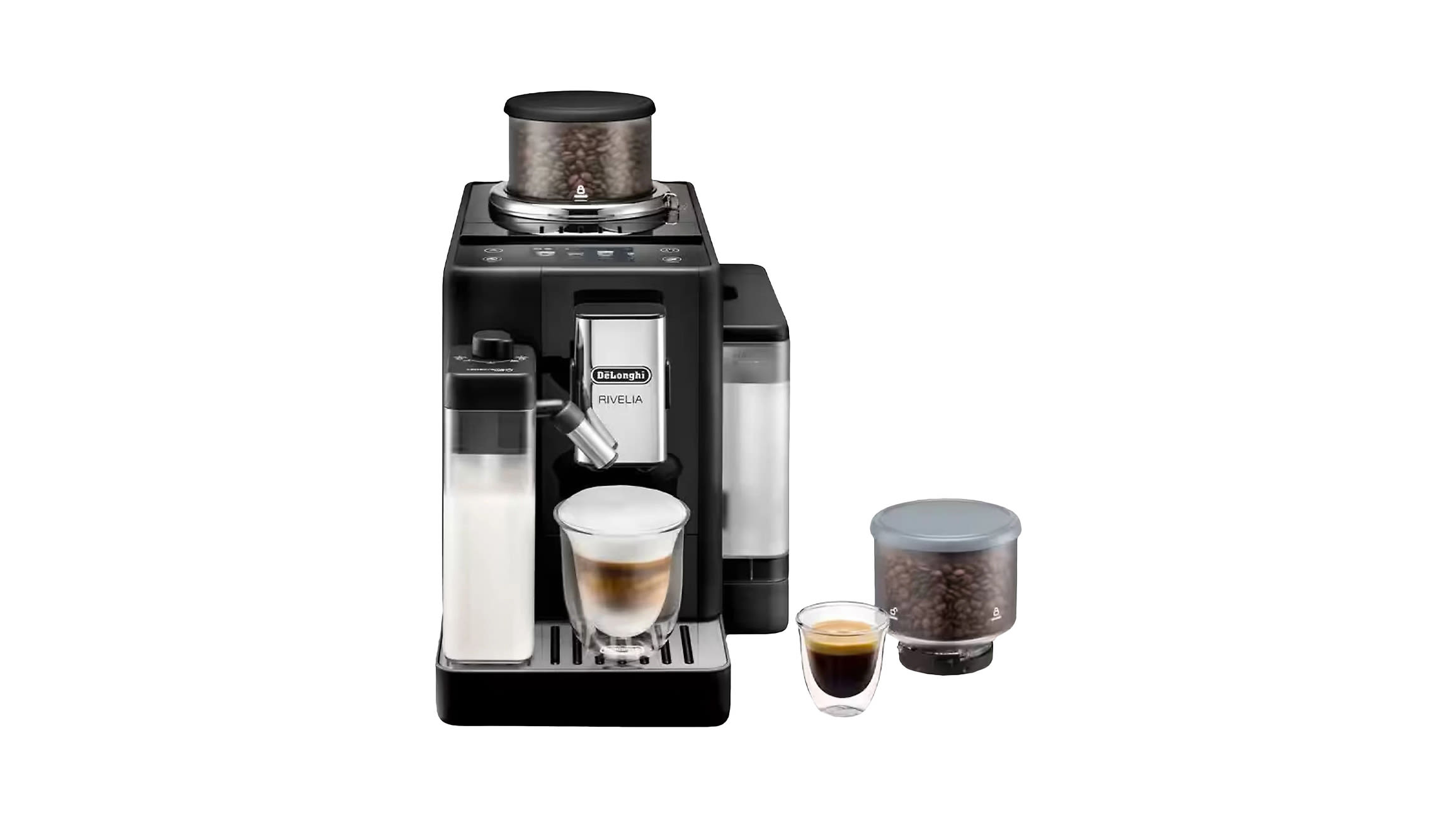 Czarny ekspres ciśnieniowy De Longhi Rivelia z panelem dotykowym i dyszą parową, ustawiony na białym tle, widok z przodu.