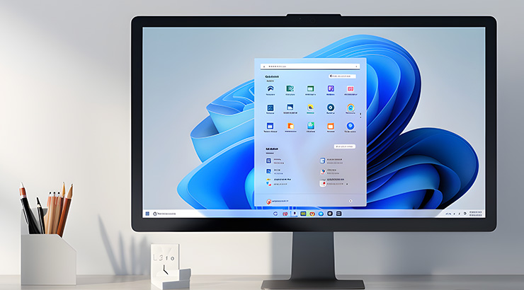 Monitor z systemem Windows, otwarte menu Start, tło z niebieską abstrakcją. Obok biały pojemnik z ołówkami i mały zegar.