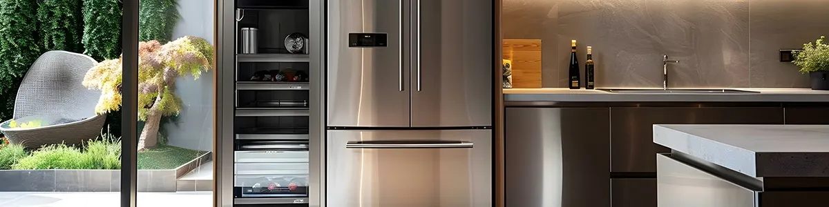 Wnętrze kuchni ze stalową lodówką i szafkami. Na zewnątrz widoczny ogród z zielenią i szarą ławką.