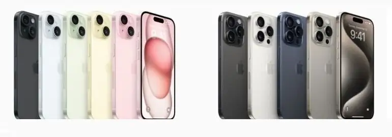 Na białym tle rząd telefonów iPhone w różnych kolorach, od czarnego do różowego, z trzema obiektywami aparatu.