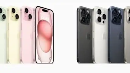 Na białym tle rząd telefonów iPhone w różnych kolorach, od czarnego do różowego, z trzema obiektywami aparatu.