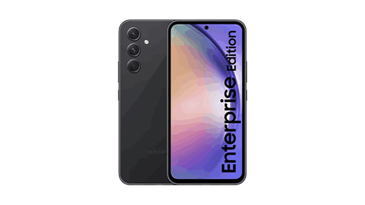 Samsung Galaxy Seria A Enterprise Edition w kolorze szarym na białym tle.