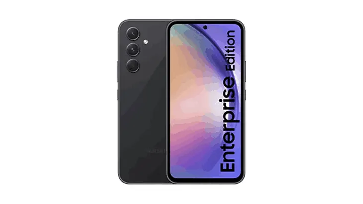 Samsung Galaxy Seria A Enterprise Edition w kolorze szarym na białym tle.