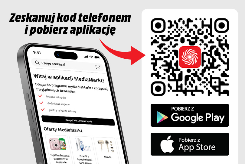 Ekran telefonu z aplikacją MediaMarkt, kod QR i logo Google Play oraz App Store na białym tle.
