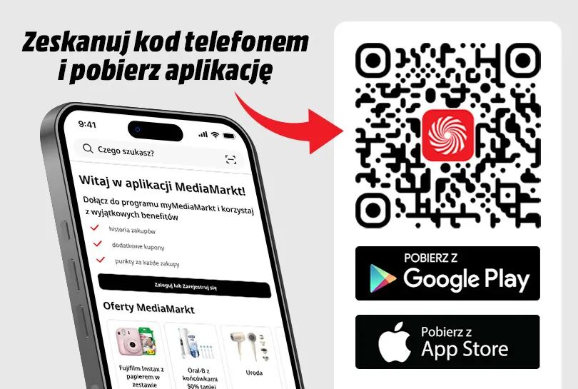 Ekran telefonu z aplikacją MediaMarkt, kod QR i logo Google Play oraz App Store na białym tle.