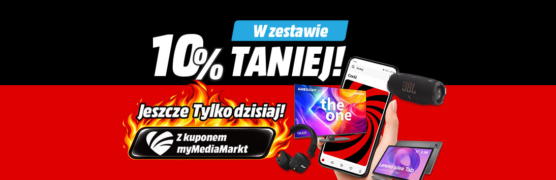W zestawie 10% taniej! Z kuponem myMediaMarkt. Telefon trzymany w dłoni i produkty wyskakujące z ekranu.
