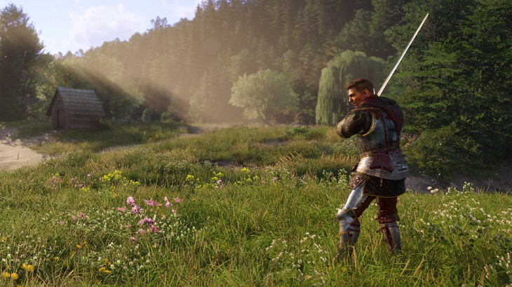Rycerz w zbroi trzyma miecz na kwiecistej łące, w tle las i drewniana chata.