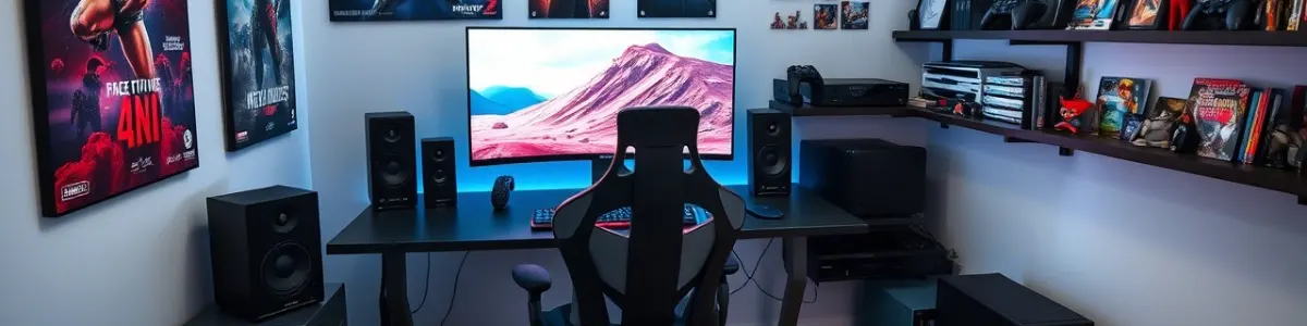 Biurko z komputerem, krzesłem i głośnikami. Na ścianach plakaty i półki z książkami. Na monitorze widać krajobraz górski.