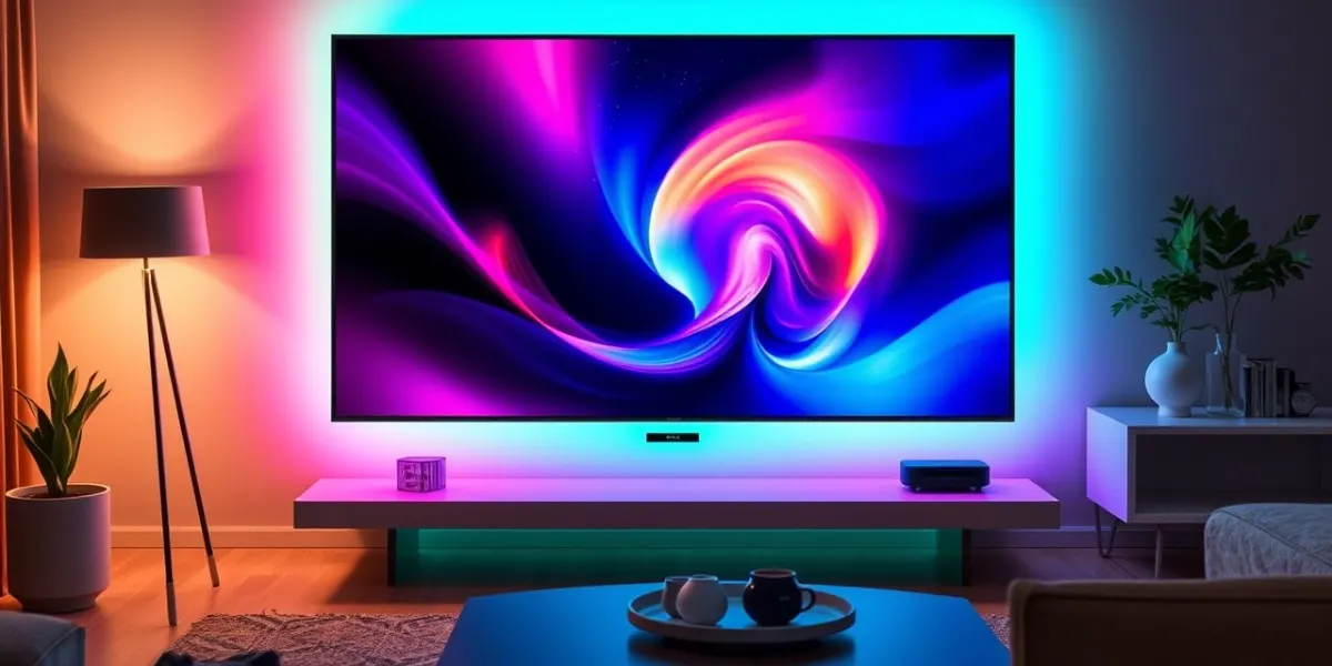 Salon z telewizorem, lampą i roślinami, oświetlony kolorowymi światłami LED. Stolik kawowy z naczyniami na pierwszym planie.