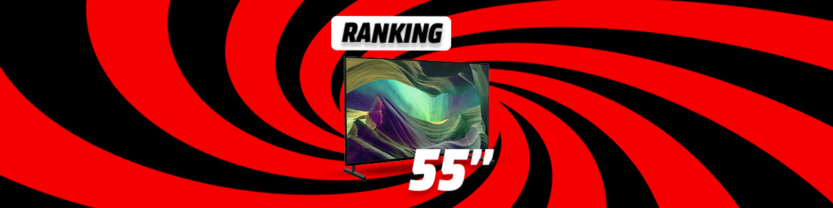 Grafika rankingu TV 55 cali - zwycięski telewizor na tle wizualizacji czerwono-czarnego wiru.