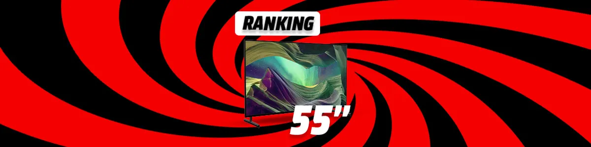 Grafika rankingu TV 55 cali - zwycięski telewizor na tle wizualizacji czerwono-czarnego wiru.