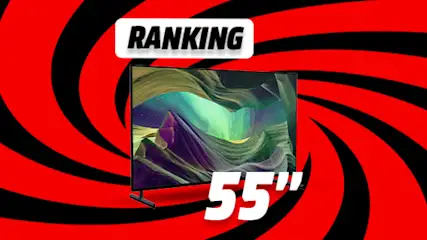 Grafika rankingu TV 55 cali - zwycięski telewizor na tle wizualizacji czerwono-czarnego wiru.