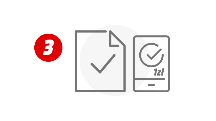 Na białym tle, czerwone koło z cyfrą 3, obok szary rysunek telefonu na ekranie 1zł. Obok kartka papieru.