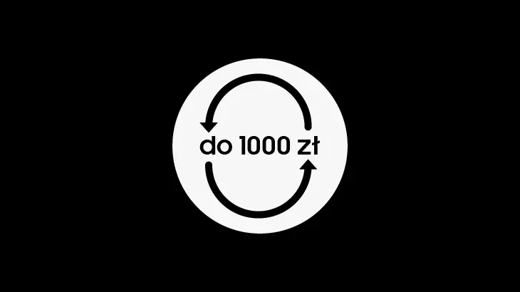Do 1000 zł w kółku między strzałkami na czarnym tle.