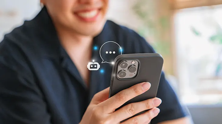 Mężczyzna trzyma czarny smartfon. Obok ikony czatu i robota na tle okna, promujące czatboty lub komunikację cyfrową.
