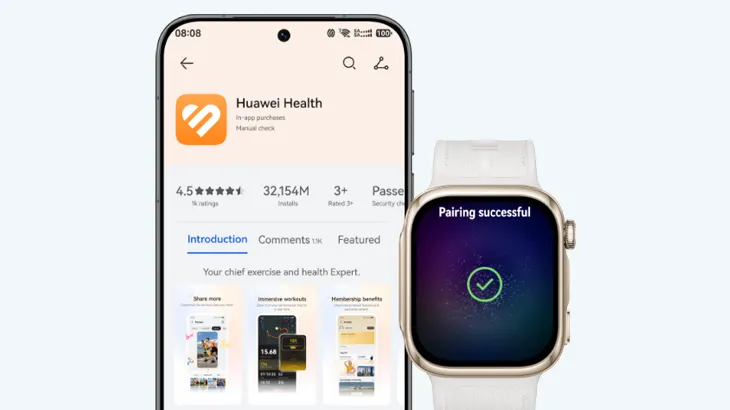 Smartfon z aplikacją Huawei Health oraz sparowanym Huawei De