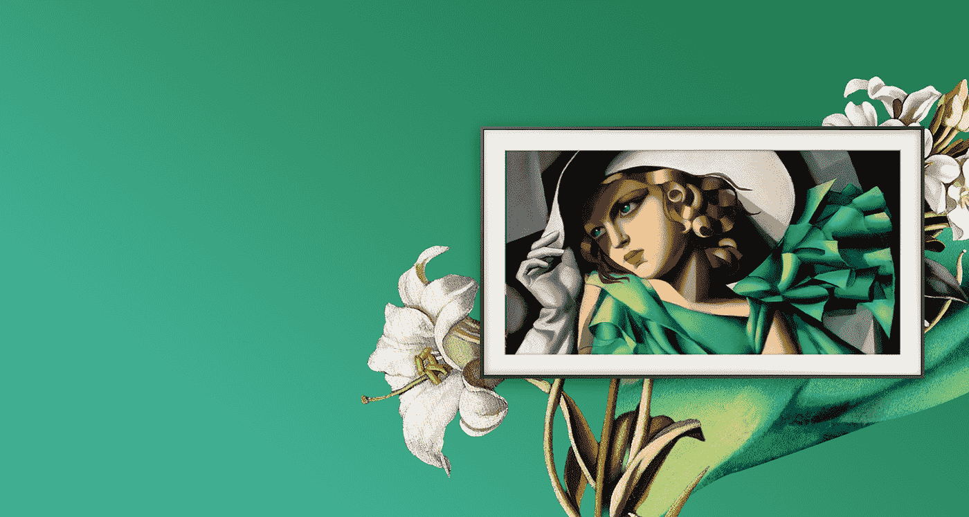 Na zielonym tle znajduje się obraz z wizerunkiem kobiety.