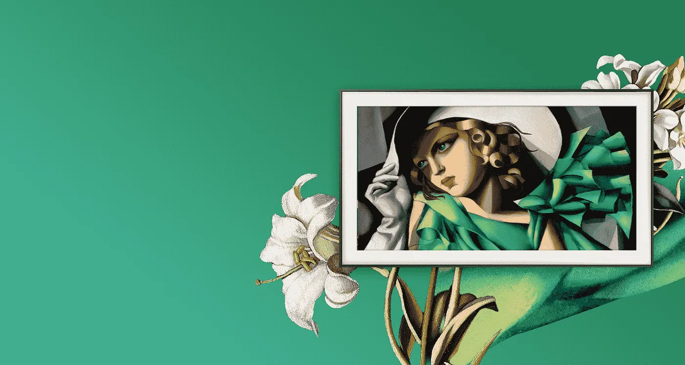 Na zielonym tle znajduje się obraz z wizerunkiem kobiety.