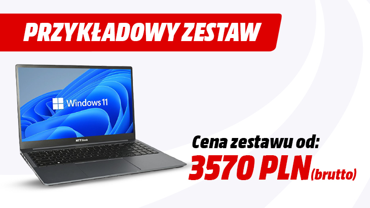 Przykładowy zestaw cena zestawu od 3570 zł brutto. Laptop na szaro białym tle.