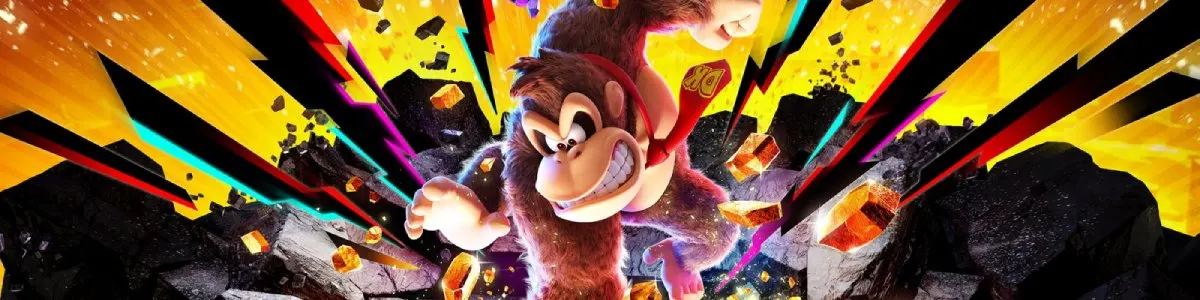 Okładka gry Donkey Kong: Bananza, na głównym planie sam Donkey Kong