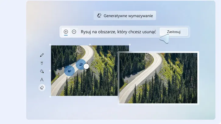 Interfejs z edytorem zdjęć: funkcja "Generatywne wymazywanie". Widok drogi przez las przed i po usunięciu elementów.