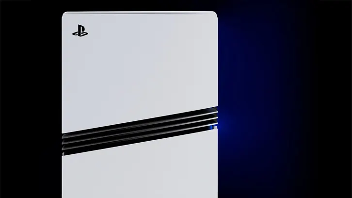 Biała konsola PlayStation 5 z czarnym logo, czarnymi paskami wentylacyjnymi i niebieskim światłem na ciemnym tle.