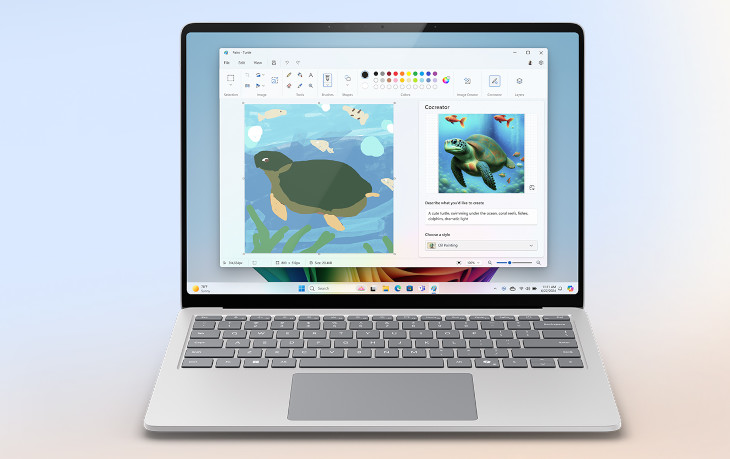 Laptop pokazuje program graficzny z rysunkiem żółwia morskiego i ryb na tle wody. Klawiatura laptopa jest szara.