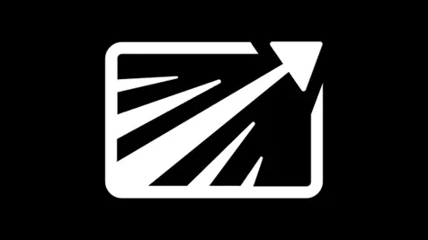 Biała ikona na czarnym tle. Przedstawia zaokrąglony kwadrat z trzema ukośnymi liniami i strzałką skierowaną w górę.