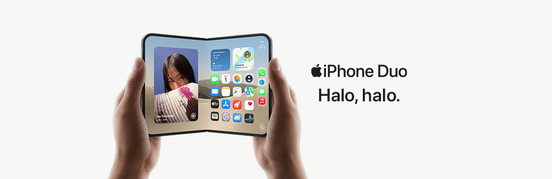 iPhone Duo, Halo, Halo. iPhone trzymany w dłoniach na szarym tle.