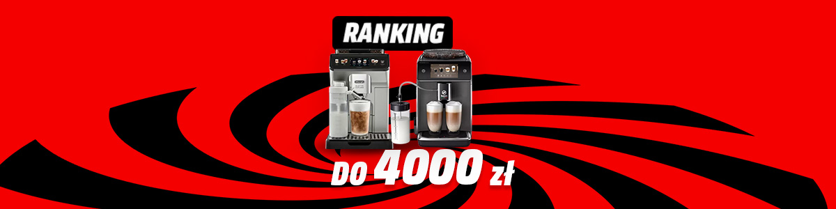 Dwa ekspresy do kawy na czerwonym tle z czarną spiralą. Napis "Ranking" i "do 4000 zł".