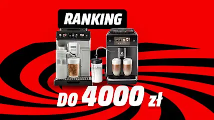 Dwa ekspresy do kawy na czerwonym tle z czarną spiralą. Napis "Ranking" i "do 4000 zł".
