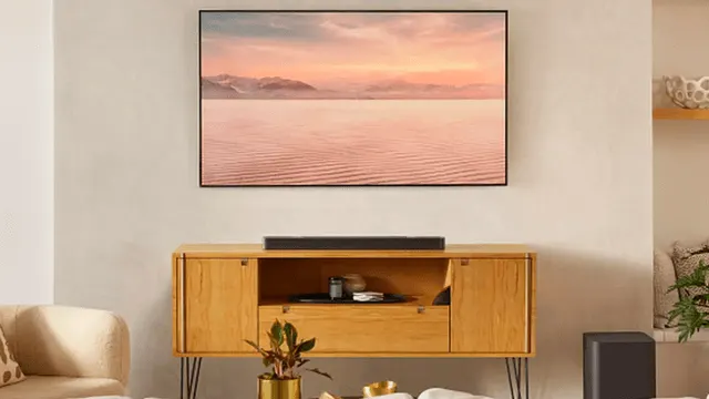 Salon z telewizorem na ścianie nad drewnianą komodą. Na komodzie głośnik, obok rośliny doniczkowe i sofa.