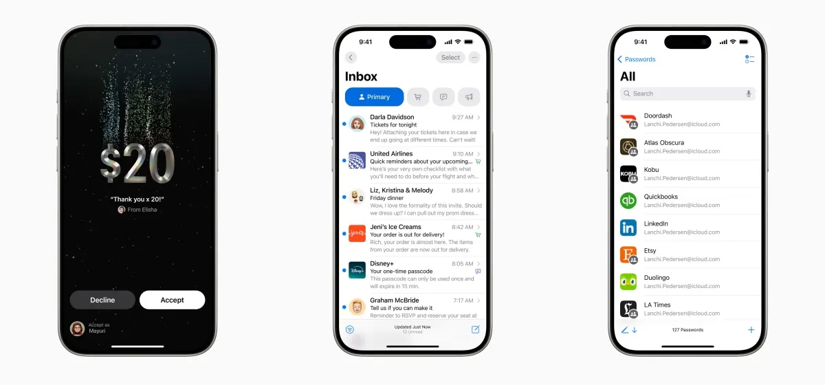 Trzy smartfony iPhone prezentują ekrany aplikacji: płatność, skrzynka odbiorcza i hasła. Ekrany zawierają przyciski, listy i tekst na białym tle.