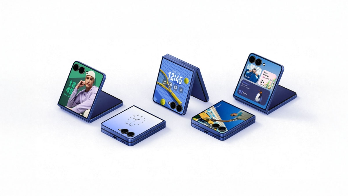 Pięć premierowych smartfonów Samsung Galaxy Flip7 i Flip7 FE, złożone i rozłożone.