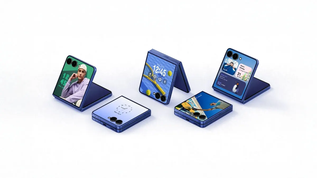 Pięć premierowych smartfonów Samsung Galaxy Flip7 i Flip7 FE, złożone i rozłożone.