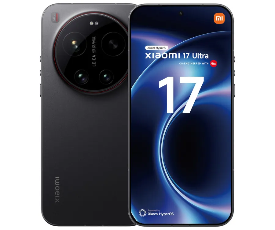 Czarny smartfon Xiaomi 17 Ultra. Na tylnej obudowie widoczny duży, okrągły moduł aparatu Leica. Na ekranie widnieje napis "Xiaomi 17 Ultra", "Xiaomi HyperAI", "CO-ENGINEERED WITH Leica", duża liczba "17" oraz "Powered by Xiaomi HyperOS".