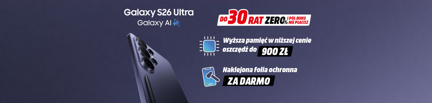  smartfon Galaxy S26 Ultra z Galaxy AI na fioletowym tle. Promocja: do 30 rat 0%, pół roku nie płacisz; wyższa pamięć taniej — oszczędź do 900 zł; folia ochronna naklejona za darmo.