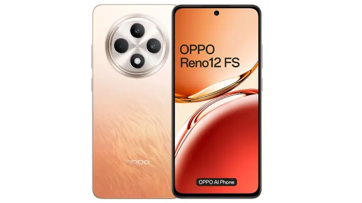 Dwa telefony OPPO Reno12 FS obok siebie, pokazujące tył z czterema obiektywami aparatu i ekran z abstrakcyjnym wzorem.