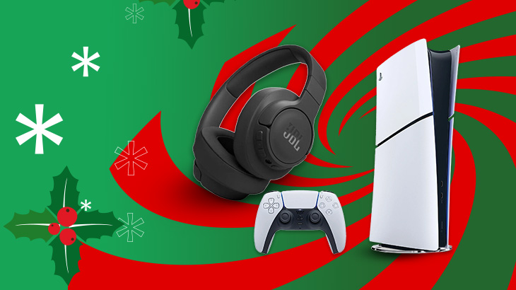 Na zielonym tle z czerwonymi spiralami, słuchawki, kontroler i konsola do gier wideo. Dekoracje świąteczne w rogach.