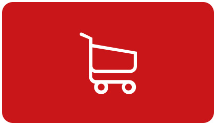 Czerwone tło z białym symbolem wózka na zakupy, przedstawionym za pomocą cienkich linii.